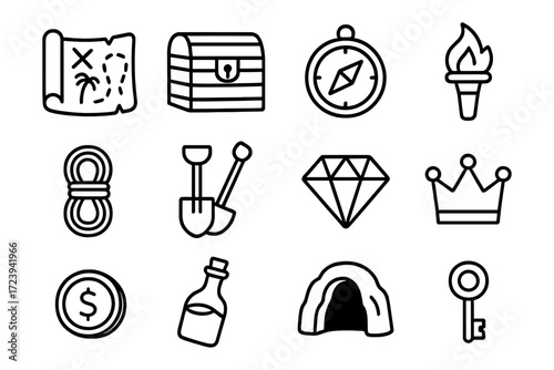 Adventure icons: treasure hunt essentials in bold outline style