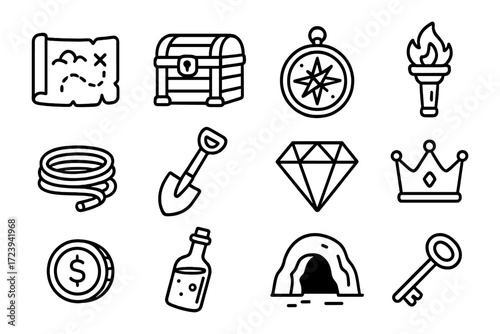 Adventure icons: treasure chest, compass, torch, map and more in bold outline style
