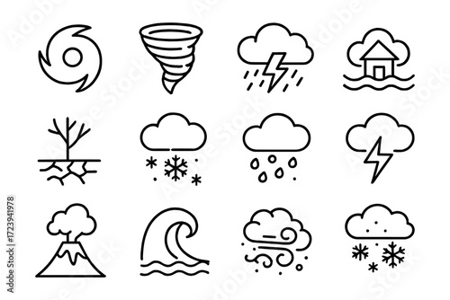 Set of linear weather and natural disaster icons for forecast and safety