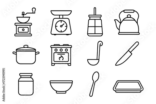 Outline kitchen utensils collection: simple line art cookware and tools