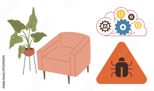 Armchair next to potted plant, cloud with gears symbolizing tech collaboration, and bug warning icon. Ideal for tech, home comfort, troubleshooting, work-life balance, security, modernity simple