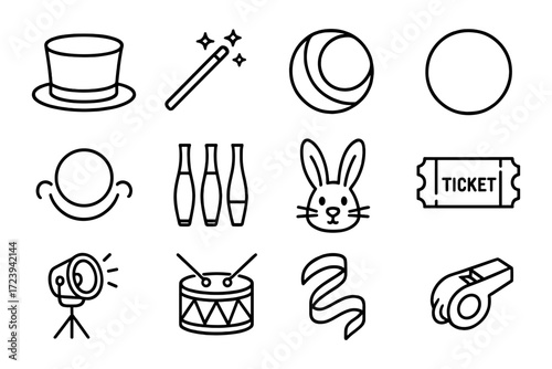 Magic show icons: line art featuring hat, wand, rabbit, drum, and more