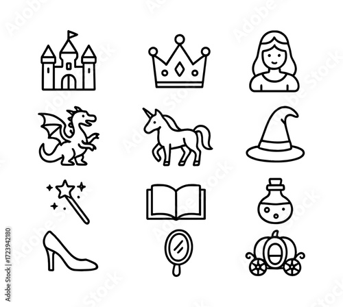 Fairy tale icons set: castle, crown, princess, and mythical creatures in linear style