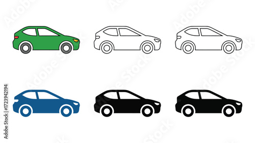 Vector art of set of six colorful car vector illustration of vehicle for transportation and travel in different colors