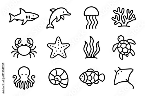Minimalist outline icons of sea creatures for ocean-themed designs