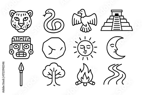 Ancient mesoamerican icons set featuring animals, symbols, and structures in bold outline