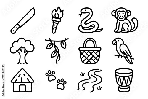 Jungle adventure icons set: wild animals, tribal tools, and nature elements in outline style