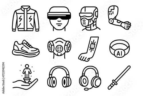 Modern technology icons: futuristic gadgets and wearable tech line art