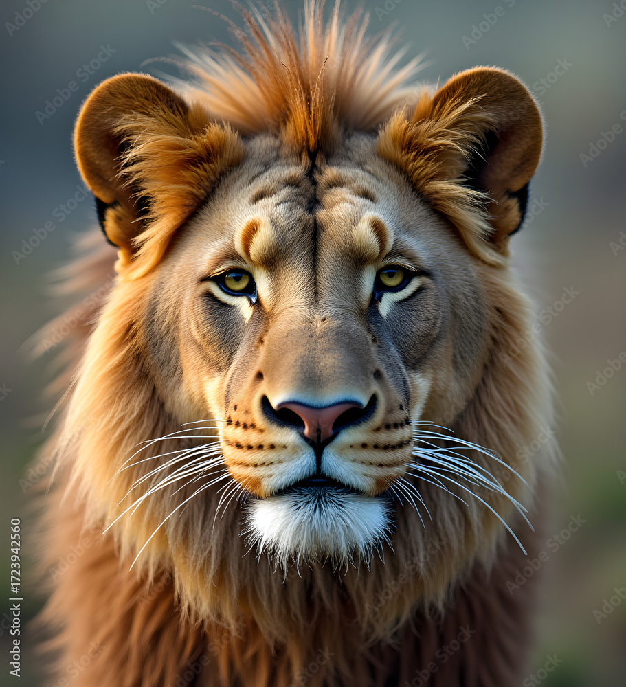 Naklejka premium Close-Up Portrait of Male Lion with Golden Mane and Piercing Eyes