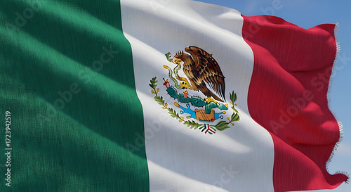 The mexican flag flutters proudly against a clear sky, its green, white, and red stripes, along with the iconic coat of arms, symbolizing hope, unity, and the blood of national heroes