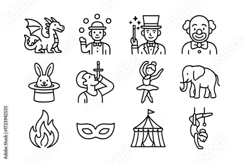 Circus line art icons: performing arts, magic, entertainment, and fun imagery collection