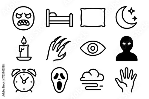Black outline sleep and nighttime icons set including angry face, candle, and alarm clock