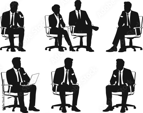 Businessman silhouette vector set men in suits sitting office chairs working laptop talking phone business meeting professional pose