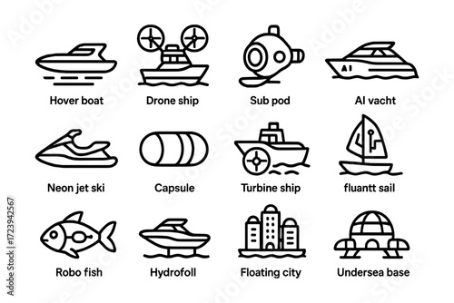 Futuristic nautical vehicles in modern linear style