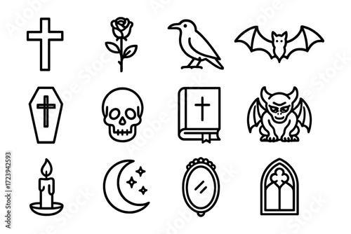 Gothic icon set: crosses, skulls, and mystical creatures in bold line art