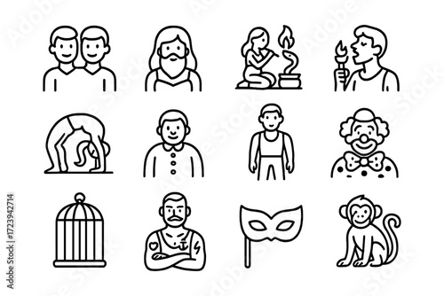 Circus icons collection: performers, animals, and props in linear style