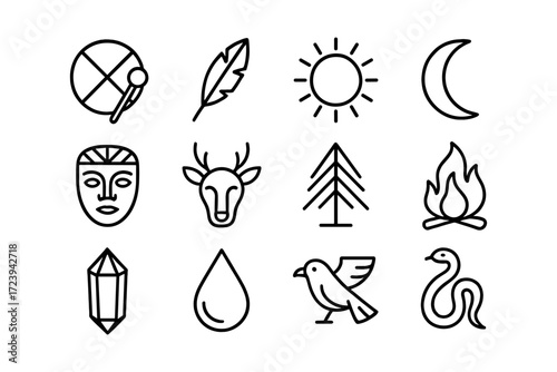 Minimalist linear icons set: nature, tribal elements, and symbolic designs