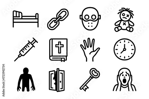 Creepy icons set: horror elements including mask, doll, and ghostly figures