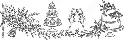 Hand drawn wedding elements illustration with floral bouquet, cupcakes, champagne glasses, decorative cake, romantic celebration design, elegant sketch style