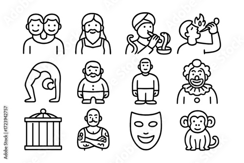 Simple cartoon outline of diverse characters and objects for entertainment themes