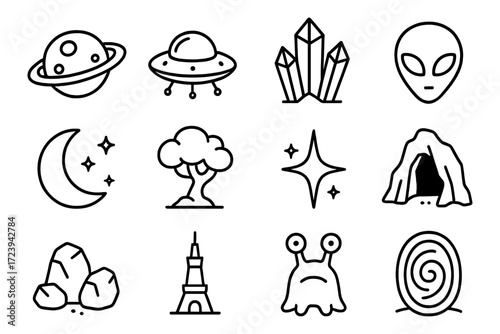 Space and nature themed icons collection: ufo, alien, trees, stars and crystals in linear design