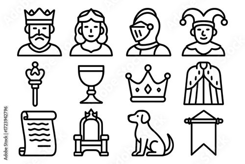 Medieval icon set featuring royalty, knight, jester, and regal objects in linear style