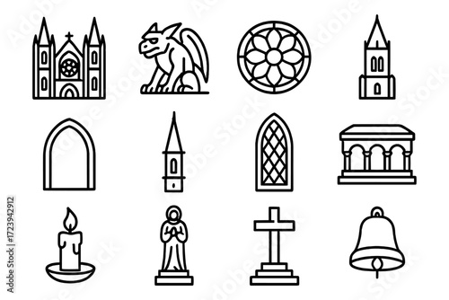 Gothic architecture icons: cathedrals, gargoyle, rose window, and more in linear style
