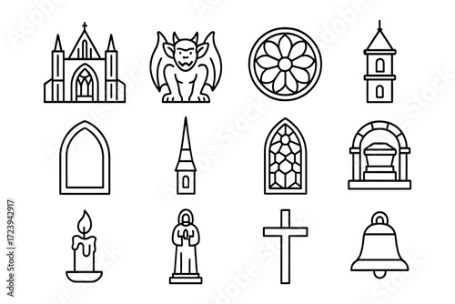 Minimalist church elements set: gothic and architectural symbols in linear art