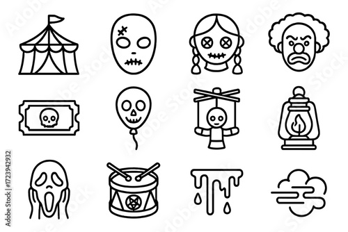 Spooky carnival icon set: line art collection with haunted circus theme