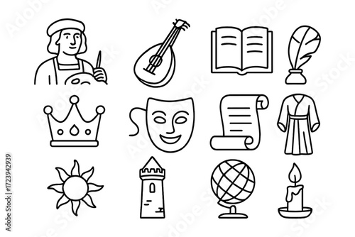 Renaissance icon set: arts, literature, and culture in simple line art style