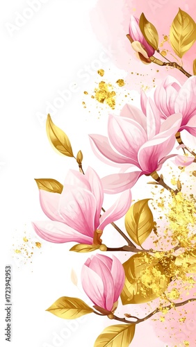 Delicate pink magnolia blossoms with gold accents