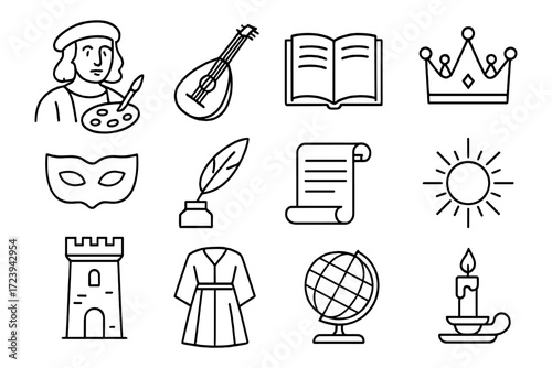Historical icons: art, music, and literature in minimalist linear style
