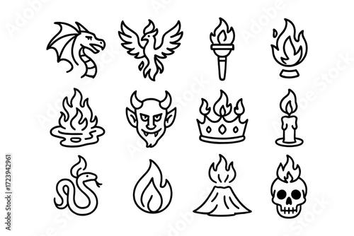 Fire and mythical symbols: dragon, phoenix, and flaming icons in bold outline style