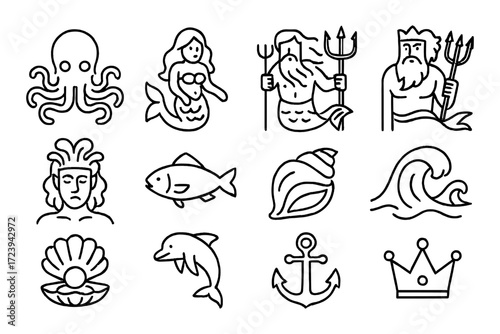 Nautical line art icons featuring sea creatures and mythological figures