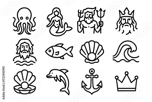 Ocean and sea icon set featuring mythical creatures and marine life in black linear style