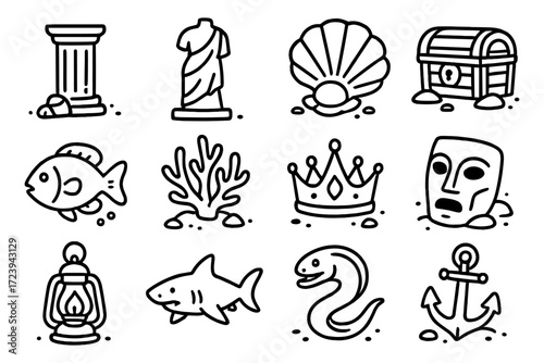 Black and white nautical icons collection featuring maritime and underwater elements