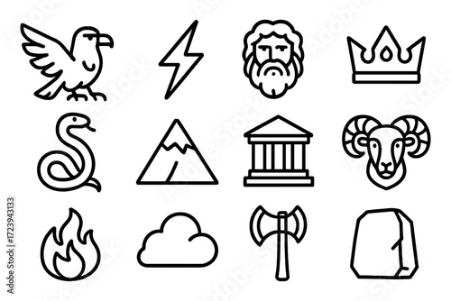 Ancient mythology symbols in bold outline style featuring zeus and other iconic elements
