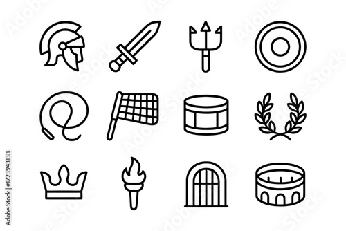 Ancient rome icons: gladiators, coliseum, and more in minimalist lines