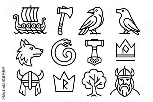 Nordic mythology symbols in linear design: vikings, norse gods, and runes