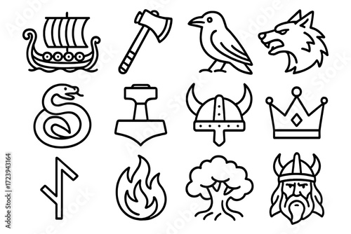 Viking symbols collection featuring norse iconography in bold linear style