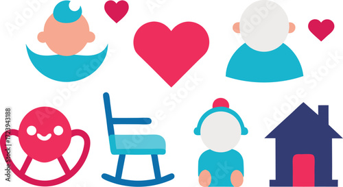 Grandparents day icons collection scalable vector illustration featuring rocking chair and heart symbols vector