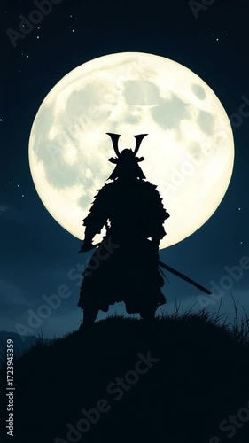 Samurai silhouette night moon