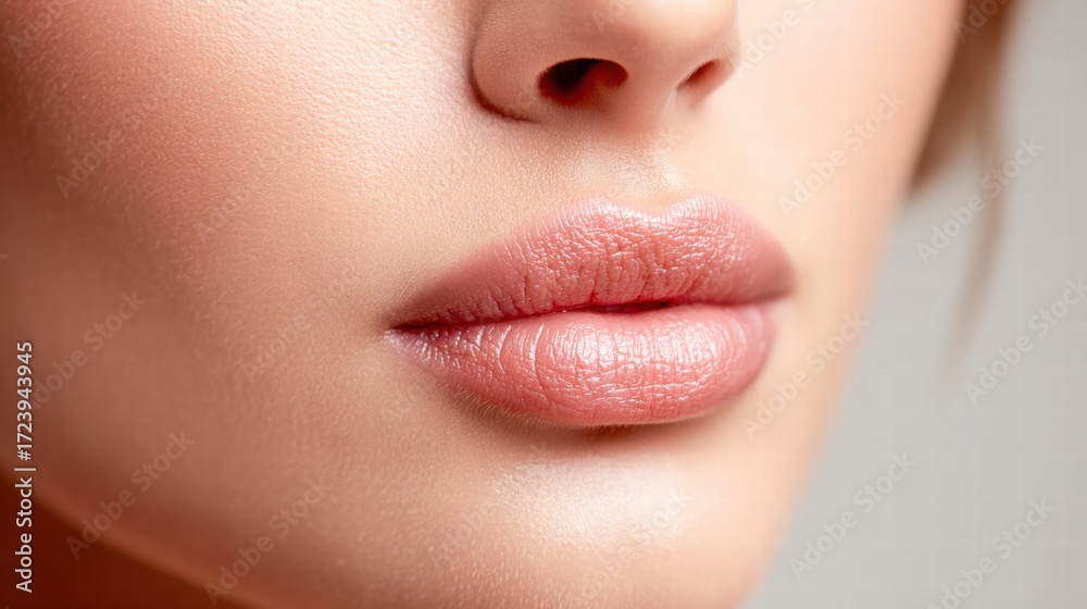 Obraz premium A close-up portrait highlights soft, rosy lips and a smooth complexion, showcasing beauty.