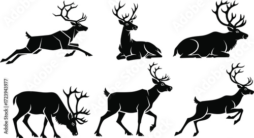 deer, elk, stag, wildlife, mammal, animal, silhouette, antlers, icon, vector, illustration, black, white, nature, grazing, leaping, resting, posture, anatomy, forest, design