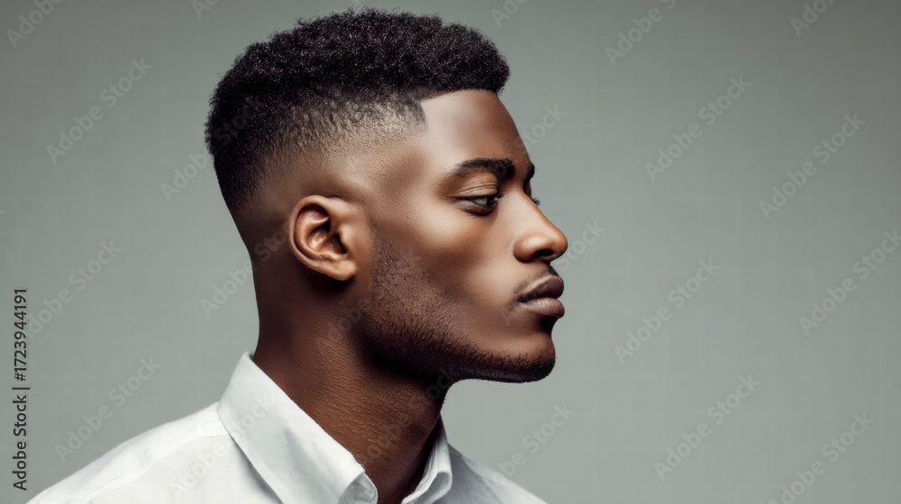 Obraz premium A handsome Black man with a stylish haircut poses in a studio portrait.