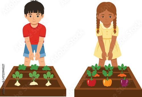 Cartoon boy and girl gardening with vegetables in wooden planter boxes, children growing fresh organic food, farming illustration for kids