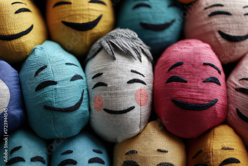 Group of handmade plush toys resembling popular emojis, displaying a range of happy expressions and emotions, creating a vibrant and cheerful texture background