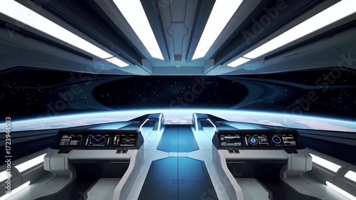 Interior View of Spaceship Cockpit with Earth View Through the Window Under Bright Interior Lighting in Futuristic Design