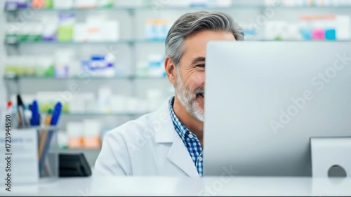 Smiling male pharmacist in white coat looking at computer screen in pharmacy with shelves of medicine in background