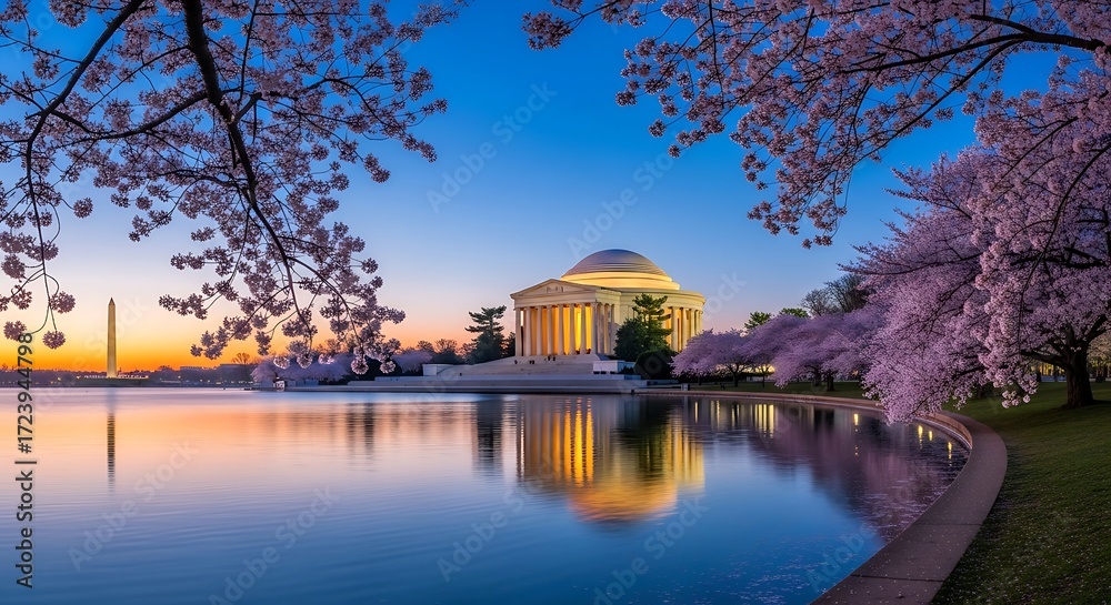 Fototapeta premium Washington DC Jefferson Memorial Cherry Blossoms Sunrise Reflection.